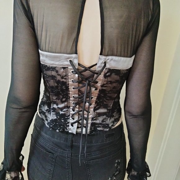 Aggie Black Lace Hook and Eye Corset Bustier top with mesh sleeves - Picture 3 of 13